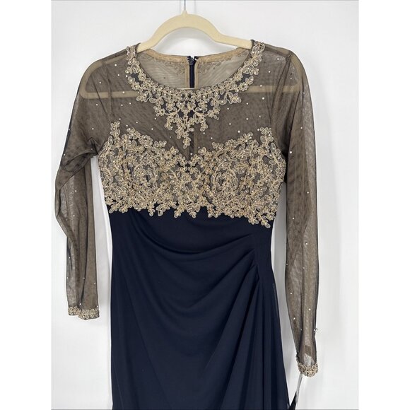 New XSCAPE Size 2 Petite Navy Gold Embellished Illusion-Bodice Ruched Gown Dress - Picture 4 of 10